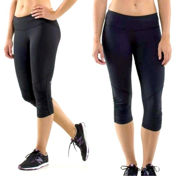 Lululemon Run For‎ Your Life Crop Women Black Capri Crop Ruched Mesh Leg - Picture 1 of 11
